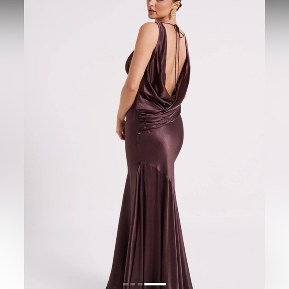 Meshki Deep Brown Satin Maxi Dress - Picture 3 of 12